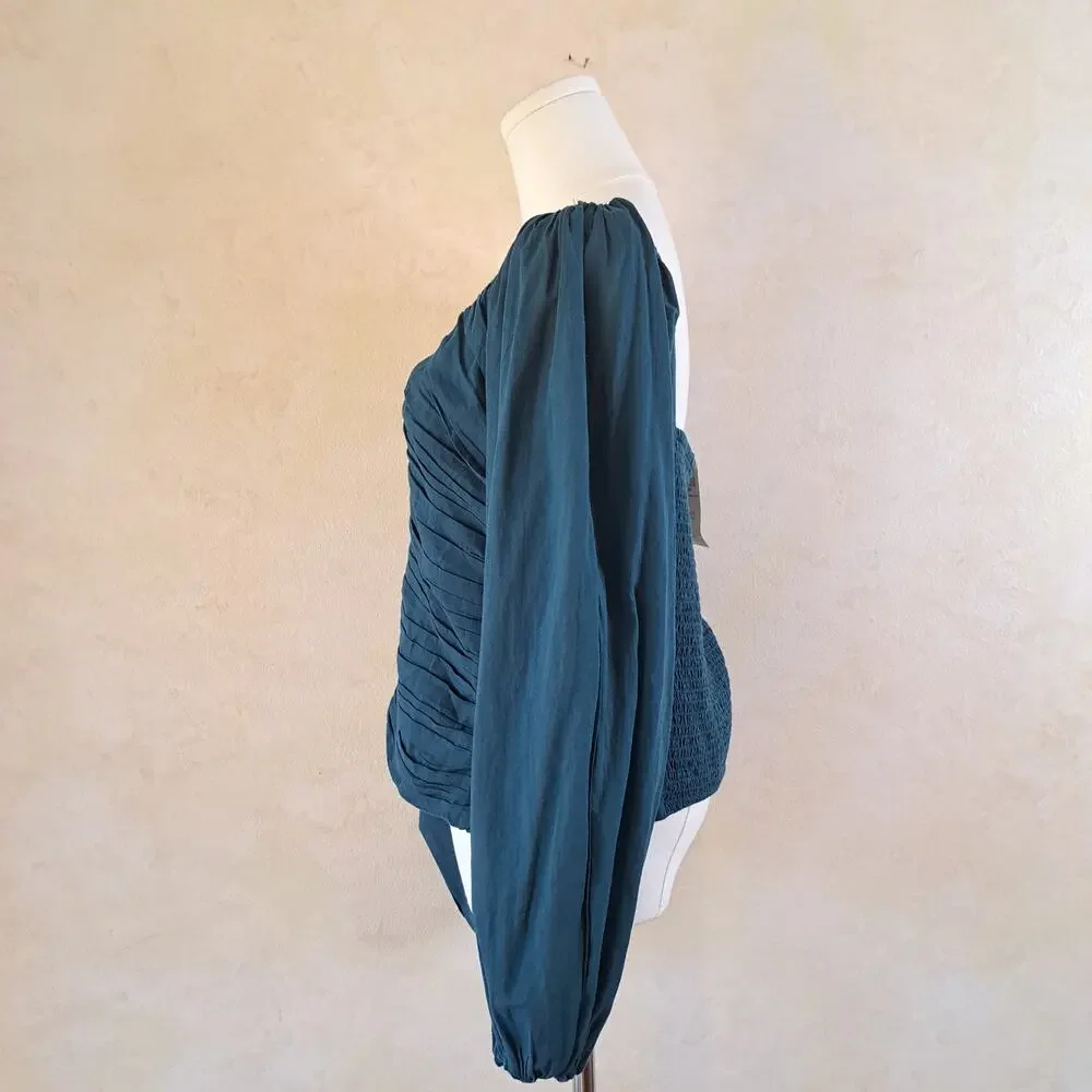 NWT ABERCROMBIE & FITCH Ruched V-Neck Puff Sleeve Smocked Cotton Top large Teal